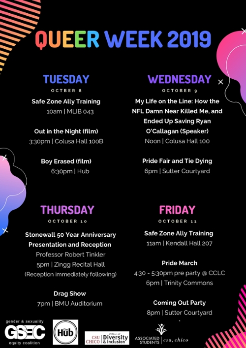 Queers Week 2019. Tuesday, October 8. Safety Zone Ally Training. 10 a.m., MLIB 043. Out in the Night (film), 3:30 p.m. in Colusa Hall 100B. Boy Erased (film), 6:30 p.m. at Hub. Wednesday, October 9. My Life on the Line: How the NFL Damn Near Killed Me, and Ended Up Saving Ryan O'Callagan (Speaker). Noon, in Colusa Hall 100. Pride Fair and Tie Dying, 6 p.m. Sutter Courtyard. Thursday, October 10. Stonewall 50 Year Anniversary Presentation and Reception. Professor Robert Tinkler. 5 p.m., Recital Hall (Reception immediately following). Drag Show. 7 p.m., BMU Auditorium. Friday, October 11, Safe Zone Ally Training, 11 a.m., Kendall Hall 207. Pride March, 4:30–5:30 p.m. pre-party @ CCLC, 6 p.m., Trinity Commons. Coming Out Party, 8 p.m., Sutter Courtyard.