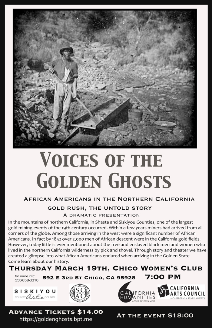 Flyer for Voices of the Golden Ghosts. Event is on March 19th at the Chico Women's Club at 7PM. Please contact the Office of Diversity and Inclusion at 530-898-4764 for more information