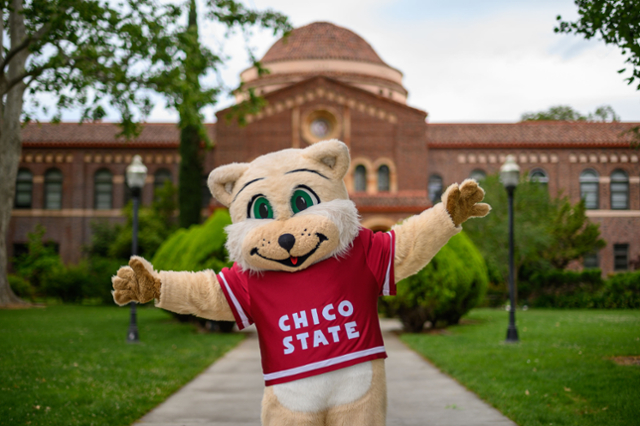 Willie the Wildcat in front of Kendall Hall.