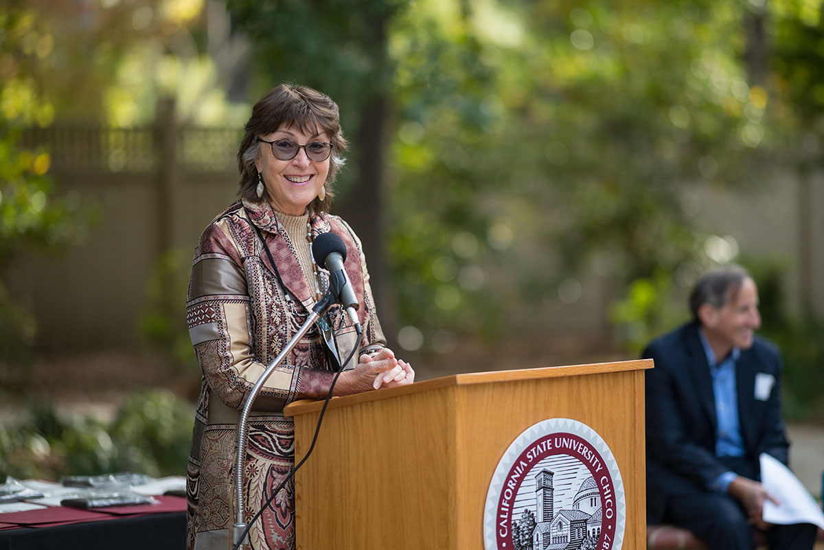 President Hutchinson speaking at podium during the 2022 tenure and promotion reception.