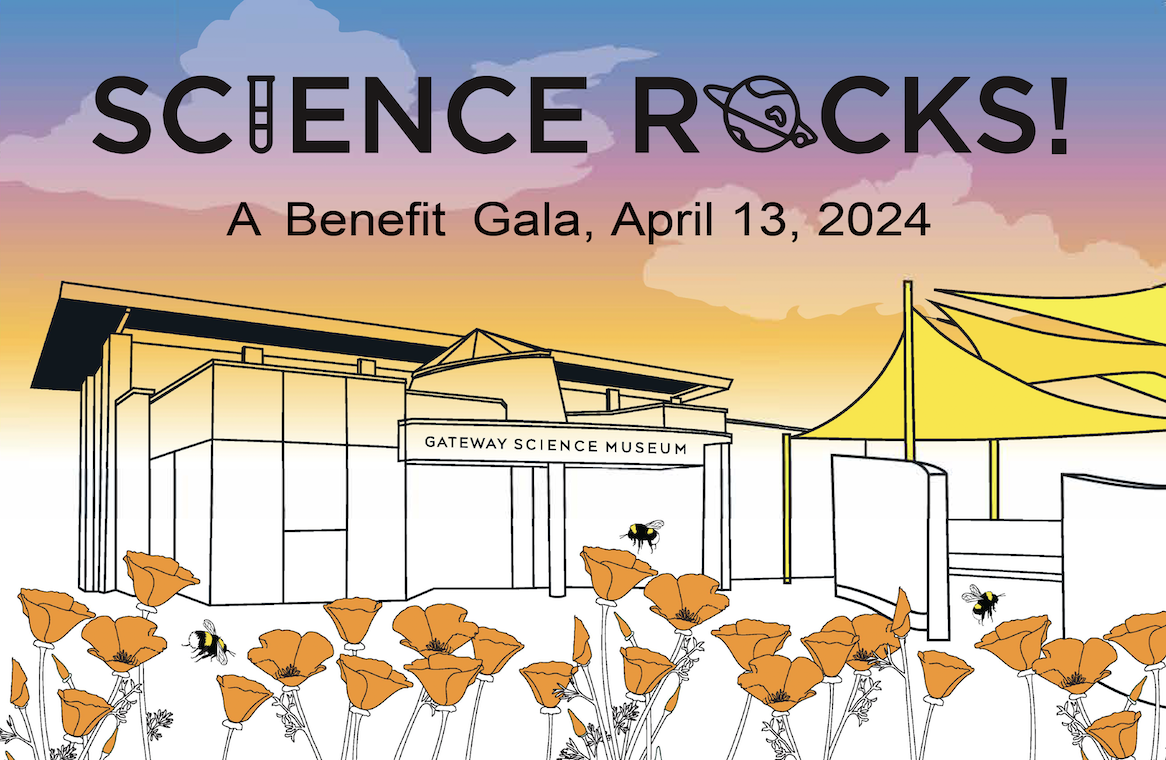 A line drawing of Gateway Science Museum set against a sunset. There are poppies in the foreground. Text reads "Science Rocks! A benefit Gala, April 13, 2024"