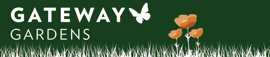 Gateway Gardens logo of green background with a butterfly and poppies