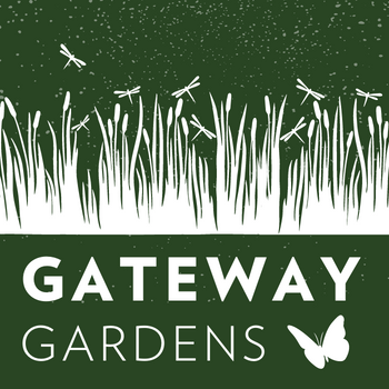 Green background, white flower and grass silhouettes, a butterfly, and text says "Gateway Gardens"