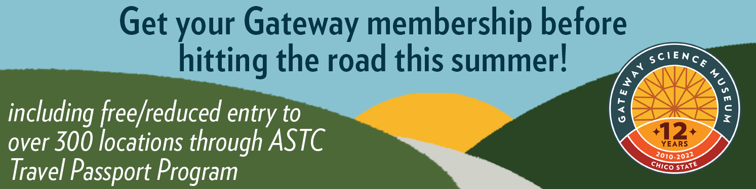 Graphic illustration of sun setting over green field. Text says: Get your Gateway membership before hitting the road this summer! including free/reduced entry to over 300 locations through ASTC Travel Passport Program