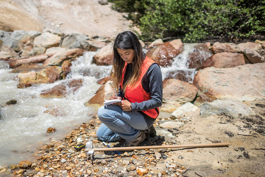 student collects water samples along various stream tributaries