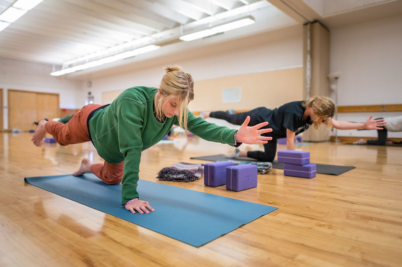 A woman on an exercise mat raises her hand above the ground in a pose.