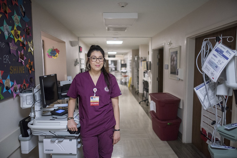 Daisey Villegas (NURS student, age 23, from Santa Rosa) works at St. Elizabeth Community Hospital as part of the Rural California Nursing Preceptorship (RCNP) Program on Thursday, January 18, 2018 in Red Bluff, Calif. RCNP is designed to give student nurses and graduate nurses (RNs) an opportunity to gain clinical experience in a rural or semi-rural setting. The opportunities are varied and encompass a large geographic area in Northern California.