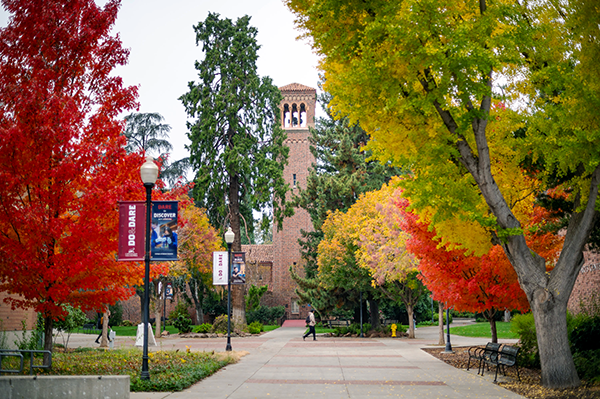 Trinity Hall from across campus in the fall