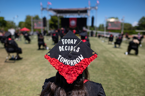 Today Decides Tomorrow, decorated mortarboard at commencement