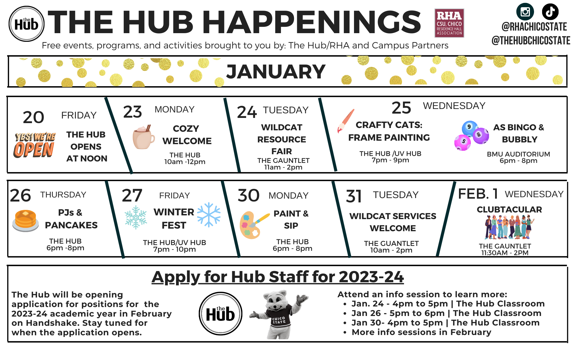 Calendar of events for The Hub in January 2023.