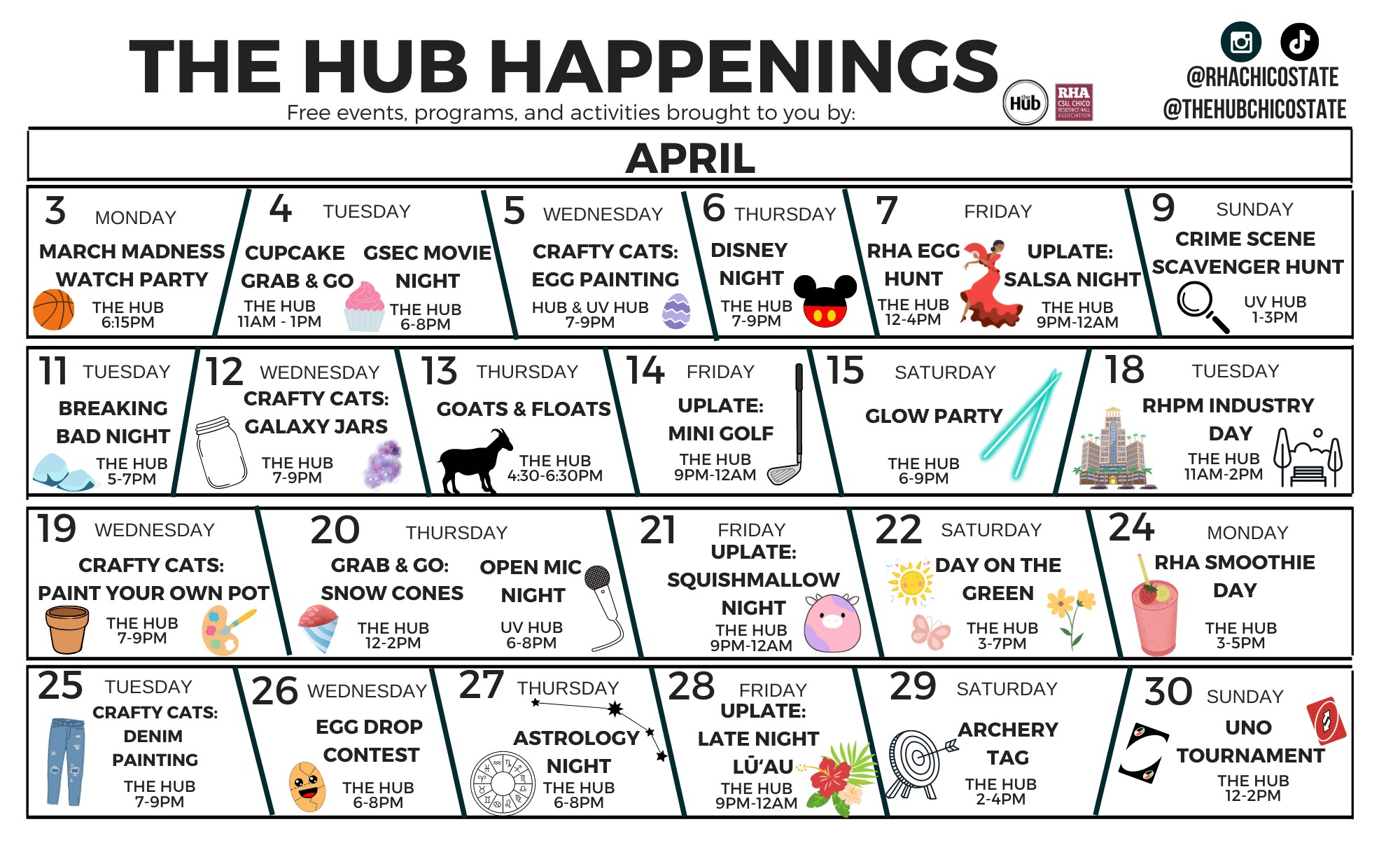 Calendar of events for The Hub for April 2023.