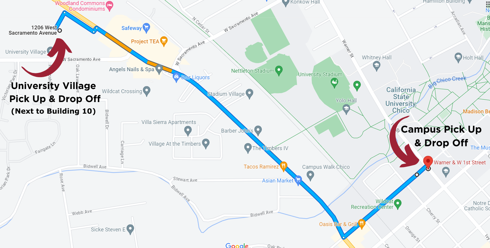 A map of the route for the UV Shuttle from UV to campus