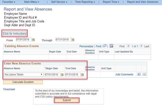 Screen shot of Report and View Absences screen