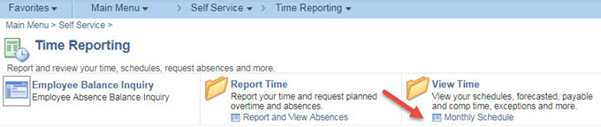 Screen shot of Time Reporting menu