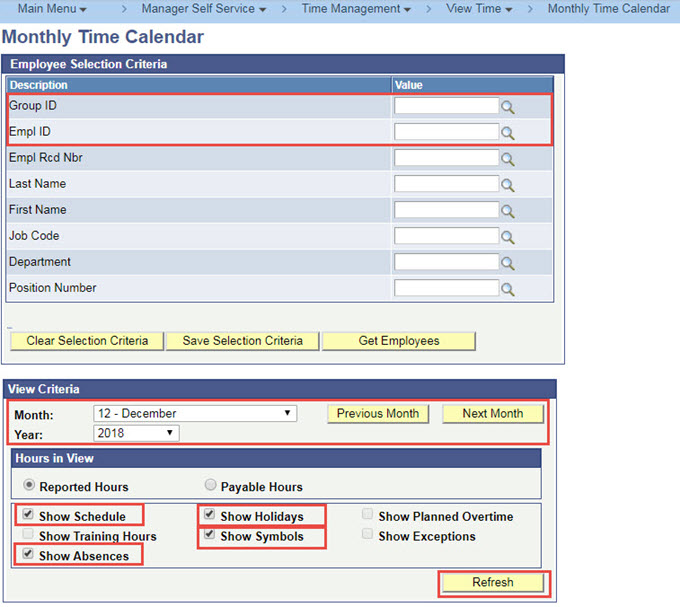 Screen shot of Monthly Time Calendar