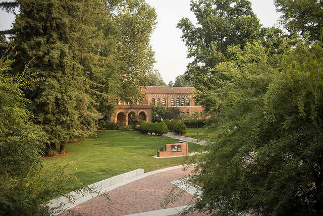 Kendall hall is seen from the window of the Performing Arts Building