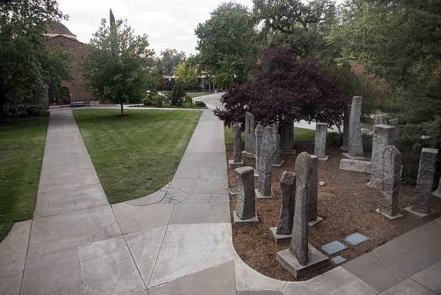 A garden of statuary grew in a tiny triangle between Kendall Hall, the Laxson Au