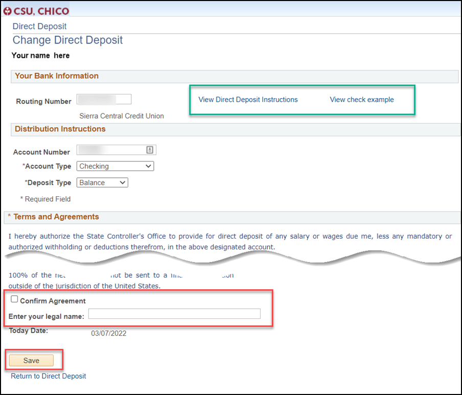 Change Direct Deposit view with highlight of View Direct Deposit Instructions, View check example links, Confirm Agreement checkbox and Enter legal name textbox. checkbox and enter legal name
