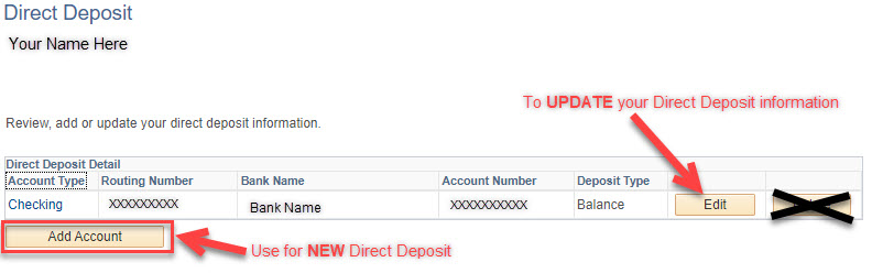 Direct Deposit image showing Add Account, Edit and Delete buttons