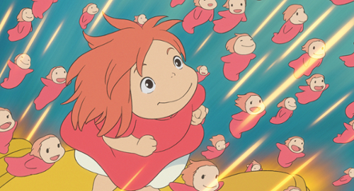 Ponyo is flying with friends.