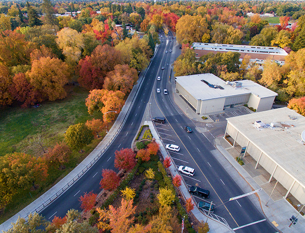 Fall colors are seen from an aerial view of the Chico streets.