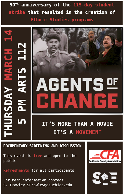 agents of change thursday march 14 at 5 p.m. arts room 112