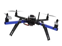 Small quad-rotor drone against a white background