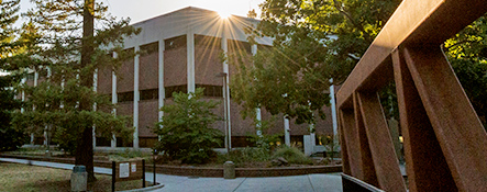 the sun rises over holt hall, which houses the college of natural sciences