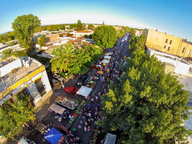 aerial view of downtown Chico during the Farmer's Market