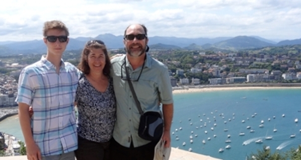 Professor Dwyre in San Sebastian, Spain, with husband, Joe, and son, Quinn