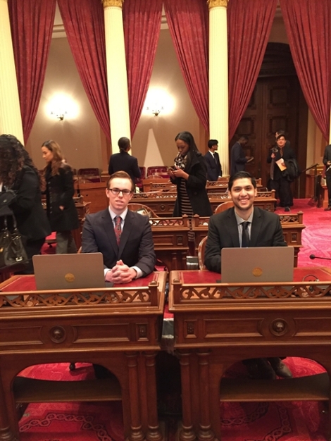 Political Science majors Braden Pisani (left) and Alejandro Rodriguez (right), our current Sacramento Semester interns, in the California Senate Chambers.