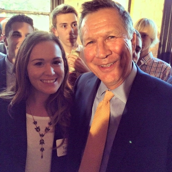 Taylor Johnson, 2015 Political Science graduate, with Republican Presidential Candidate John Kasich.