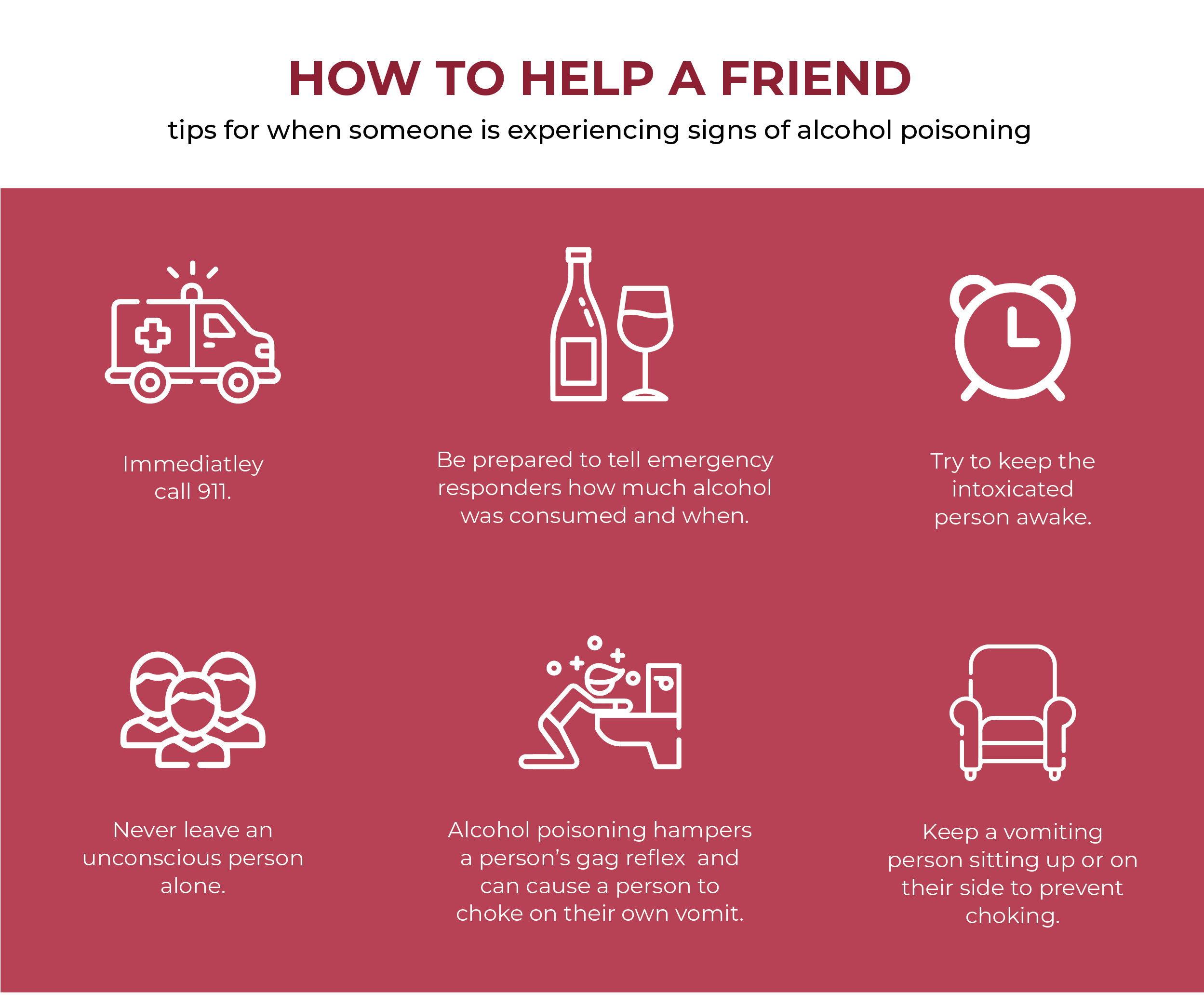ways to help a friend who is experiencing alcohol poisoning, including staying with them, laying them on their side, and calling 911 immediately.
