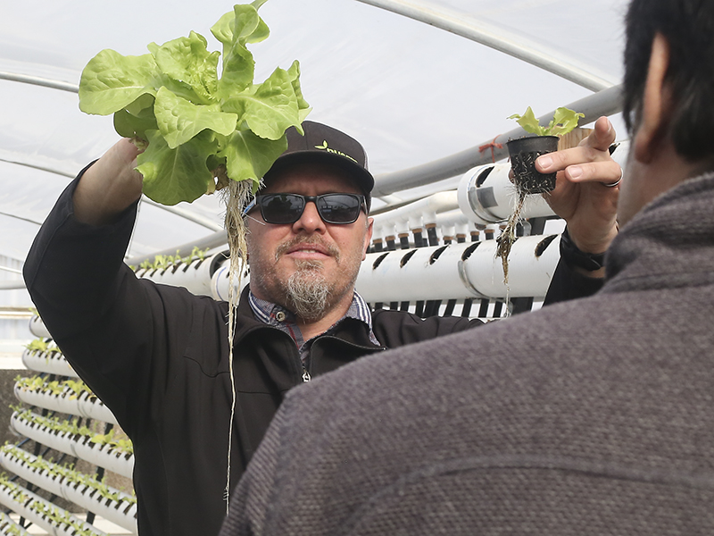 Professor Garrett Liles shows off plants while giving a tour.