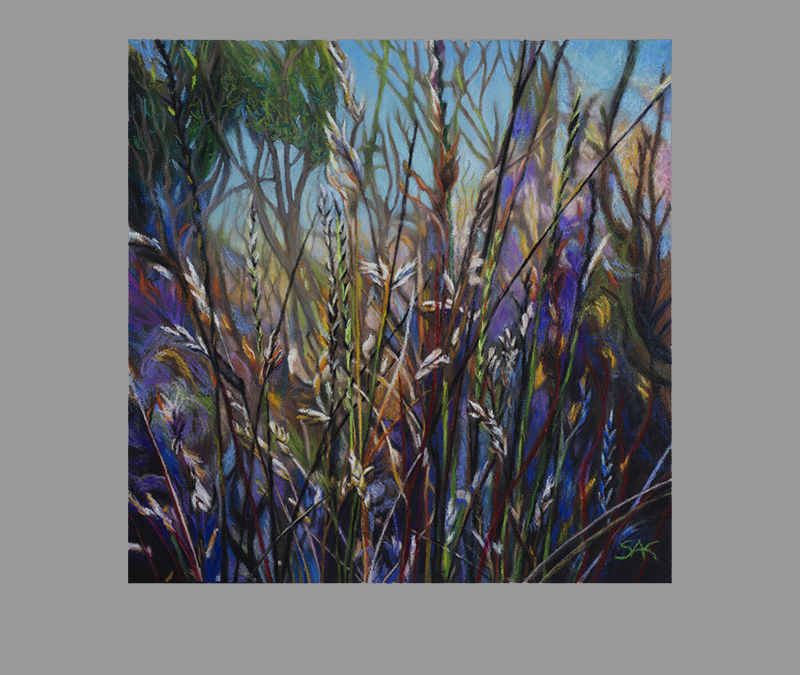 The painting 'Into the Weeds' by Sheryl Karas, showing a wide variety of plants growing at the side of a meadow.