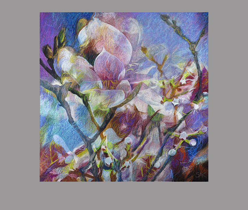 The painting 'Spring Emerging' by Sheryl Karas, showing Magnolia tree blossoms and buds from multiple angles
