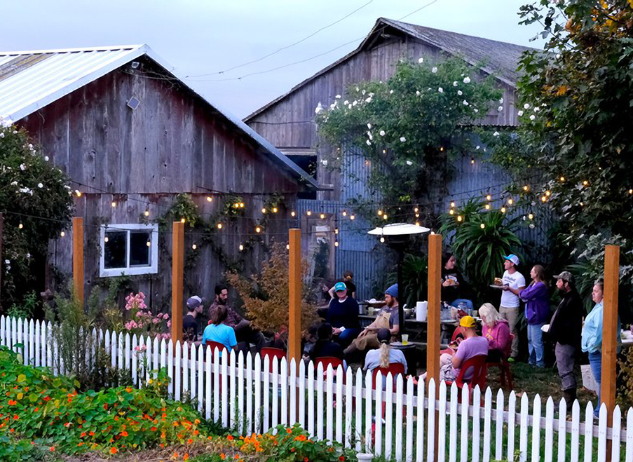People eating food in front of the barns and enjoying the Foggy Bottoms Boys Barnyard Experience