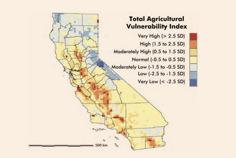 Map of California showing the Agricultural Vulnerability index.