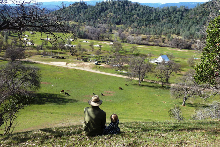 people sitting on a hill with a wide view of the ranch