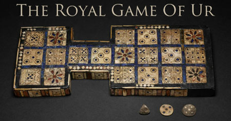 Game of ur board consisting of a 2 by 3 grid on the left and 4 by 3 grid on the right connected by a 1 by 2 grid. Each grid square is decorated with one of six different patterns. One trianglular and two circlar and game pieces are also present.