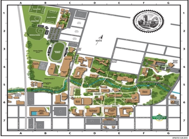 campus map highlighting the parkings: corner of west 2nd and warner, corner of esplanade and west 2nd st, and the parking by the gateway science museum. 
