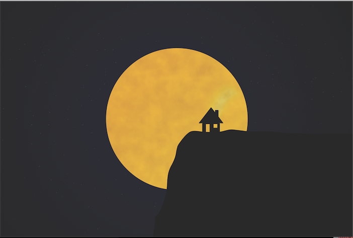 black house and hill with a yellow moon