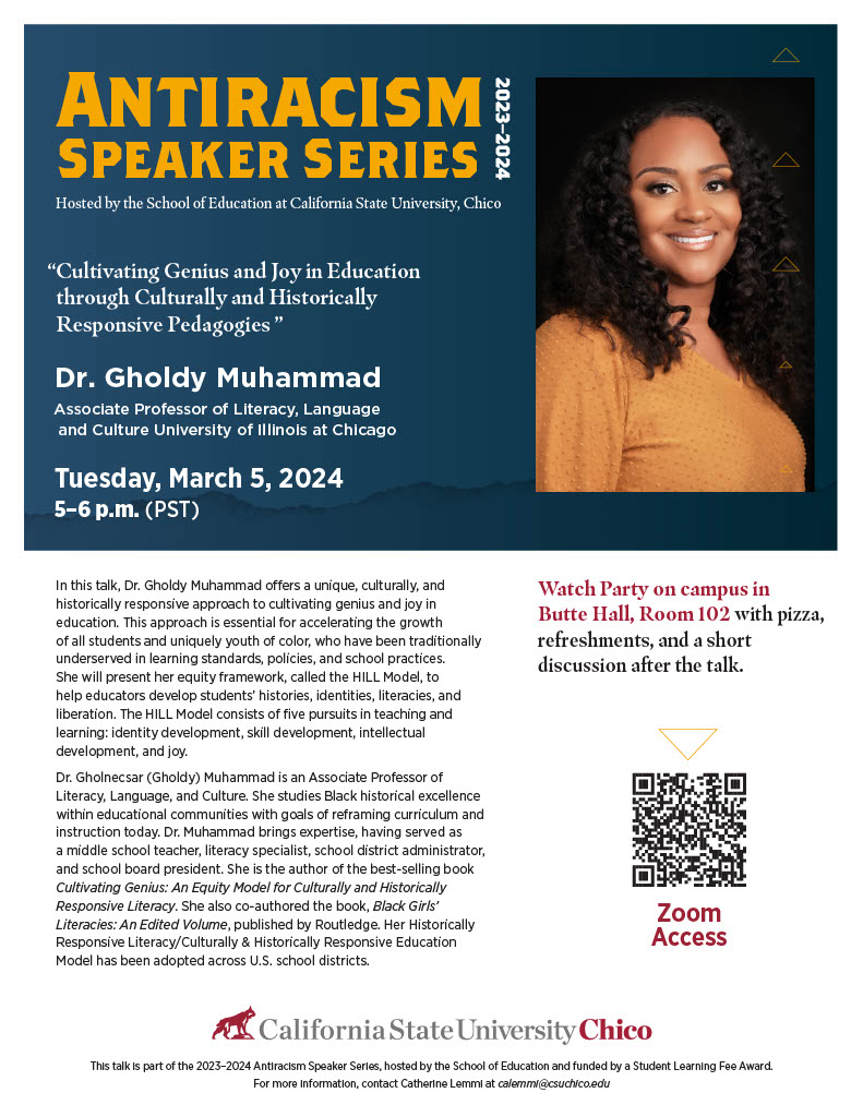 Antiracism Speaker Series description. On the upper right hand side,Dr. Gholdy Muhammad is wearing a mustard yellow shirt. She has dark brown curly hair.