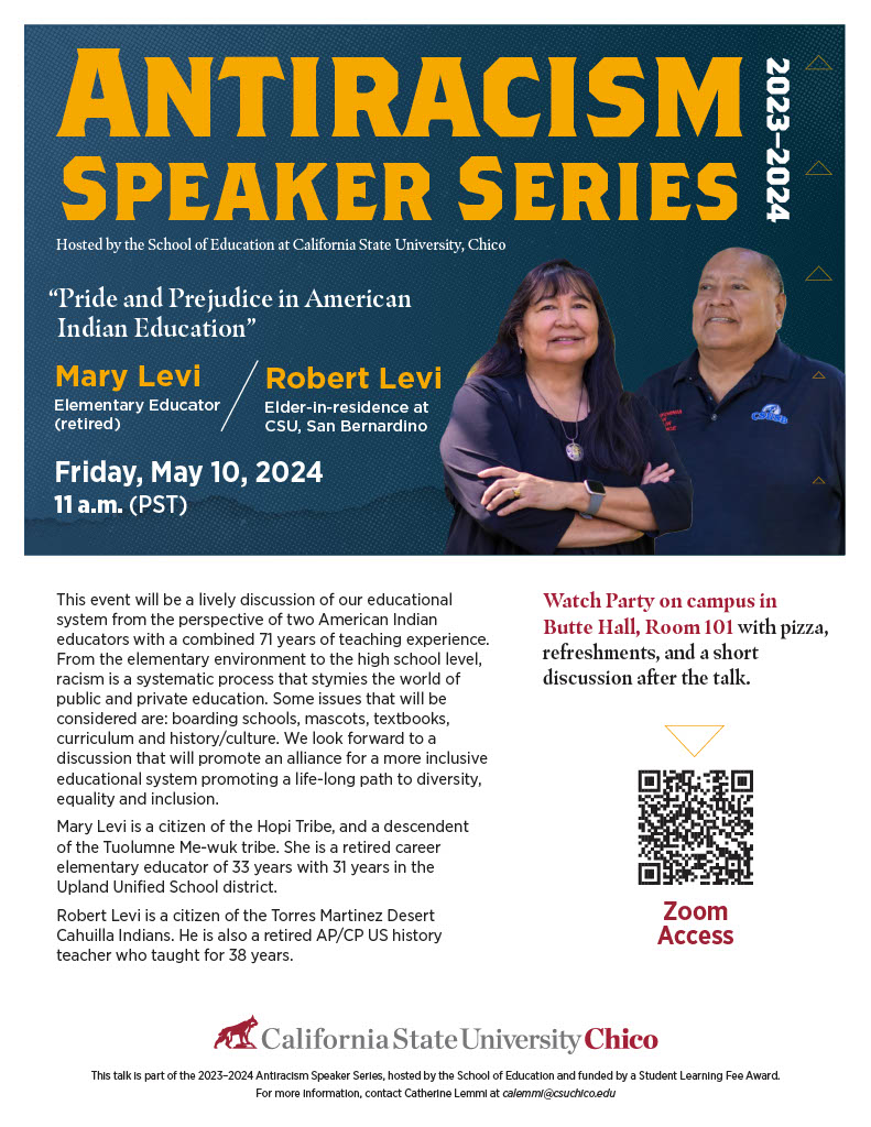 Description of Antiracism Speaker Series with date and location of the event. Mary and Robert Levi located on the right hand side of the poster. Both are wearing black shirts.