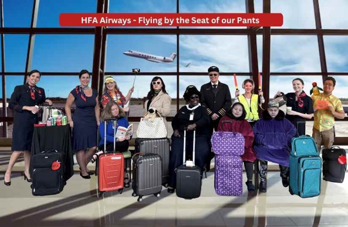 HFA staff and friends photoshopped into an airport setting.  Three are dressed as flight attendants with a tray of sodas and carafe of coffee.  Two are dressed as pilots.  Five are dressed as passengers with luggage, one is reading the Book in Common, one is touristy with a selfie stick, one looks posh and haughty, two look sick and bundled up. One holds a sign as if looking for a passenger and the final person has a yellow vest and two red lights for directing luggage cart traffic. 