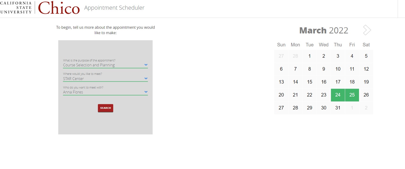 Screengrab of drop list of options and availability calendar