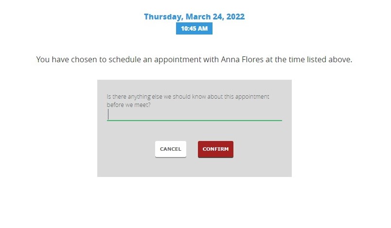 Screengrab of appointment confirmation screen. "Is there anything else we should know about this appointment before we meet?"