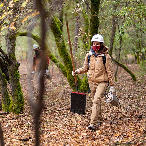 Karina Haddad walks through the woods in fall with a drip torch and shovel to conduct a prescribed burn.