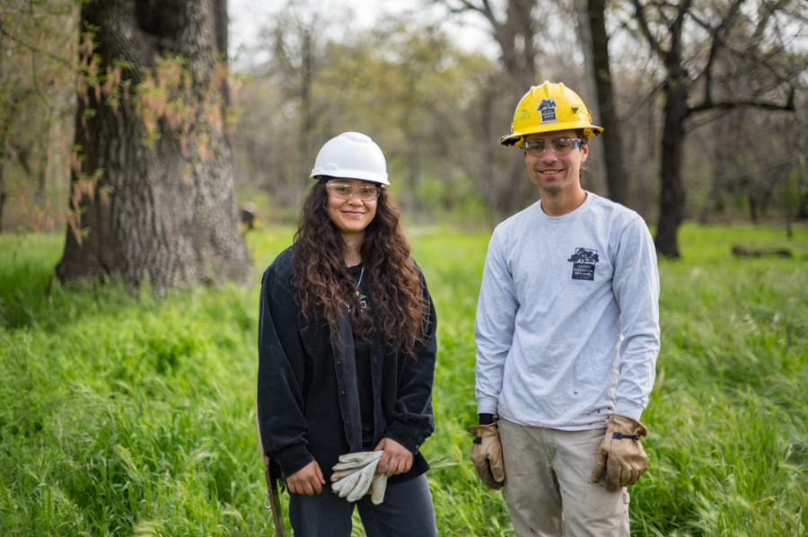 College Core students in hard hats at Big Chico Creek Ecological Reserve  