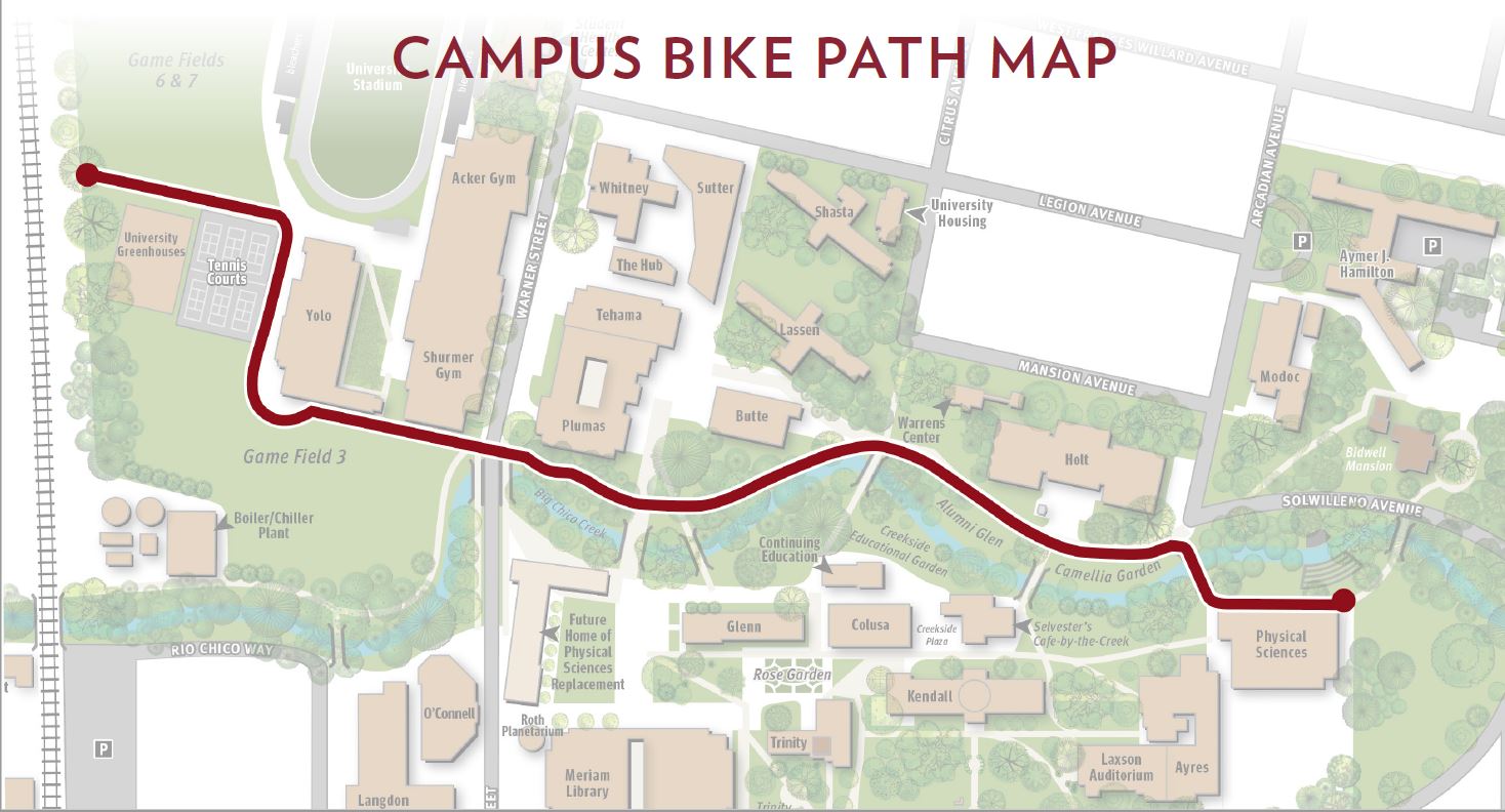 map of pilot bike path through campus